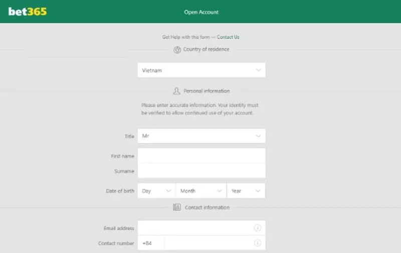 Các bước đăng ký tại nhà cái Bet365
